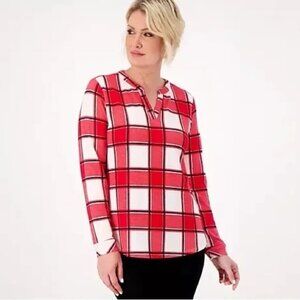 Denim and Company Printed Heavenly Jersey Split Neck Long Sleeve Top Women M NEW